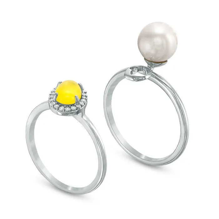 Rings Goldia Cultured Freshwater Pearl Dyed Lemon Quartz and White Topaz Three Piece Stackable Ring Set in Sterling Silver Rings Goldia Cultured Freshwater Pearl Dyed Lemon Quartz and White Topaz Three Piece Stackable Ring Set in Sterling Silver