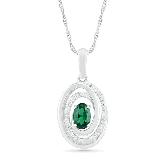 Rings Goldia Oval LabCreated Emerald and 007 CT TW Diamond Beaded Open Swirl Frame Drop Pendant in Sterling Silver Rings Goldia Oval LabCreated Emerald and 007 CT TW Diamond Beaded Open Swirl Frame Drop Pendant in Sterling Silver