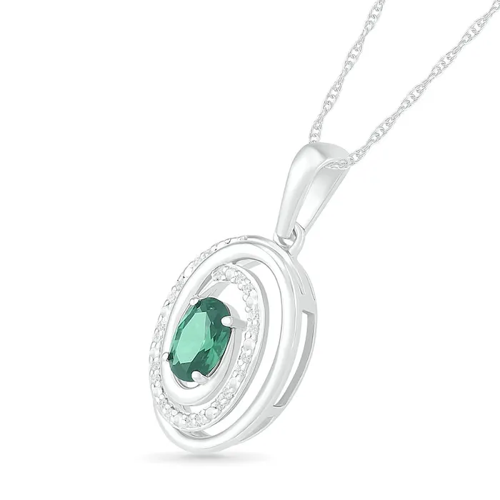 Rings Goldia Oval LabCreated Emerald and 007 CT TW Diamond Beaded Open Swirl Frame Drop Pendant in Sterling Silver Rings Goldia Oval LabCreated Emerald and 007 CT TW Diamond Beaded Open Swirl Frame Drop Pendant in Sterling Silver