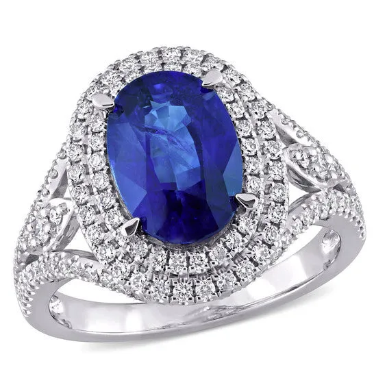 Rings JMS always Original Amour 3 15 CT TGW Oval Blue Sapphire and 34 CT TDW Diamond Halo Cocktail Ring in 14k White Gold Rings JMS always Original Amour 3 15 CT TGW Oval Blue Sapphire and 34 CT TDW Diamond Halo Cocktail Ring in 14k White Gold