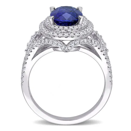 Rings JMS always Original Amour 3 15 CT TGW Oval Blue Sapphire and 34 CT TDW Diamond Halo Cocktail Ring in 14k White Gold Rings JMS always Original Amour 3 15 CT TGW Oval Blue Sapphire and 34 CT TDW Diamond Halo Cocktail Ring in 14k White Gold
