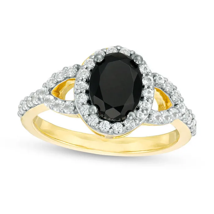 Rings Oval LabCreated Black and White Sapphire Frame Open Leaf Ring in Solid 10K Yellow Gold Goldia Rings Oval LabCreated Black and White Sapphire Frame Open Leaf Ring in Solid 10K Yellow Gold Goldia