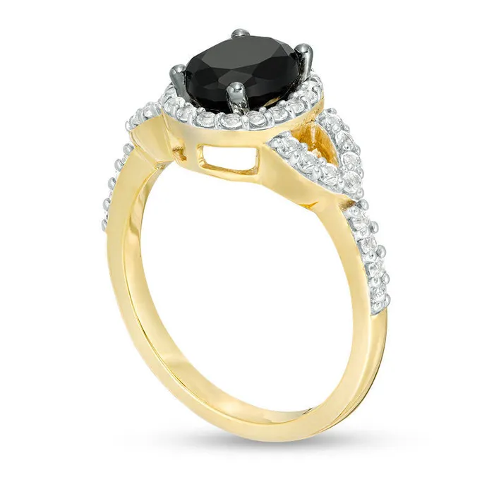 Rings Oval LabCreated Black and White Sapphire Frame Open Leaf Ring in Solid 10K Yellow Gold Goldia Rings Oval LabCreated Black and White Sapphire Frame Open Leaf Ring in Solid 10K Yellow Gold Goldia