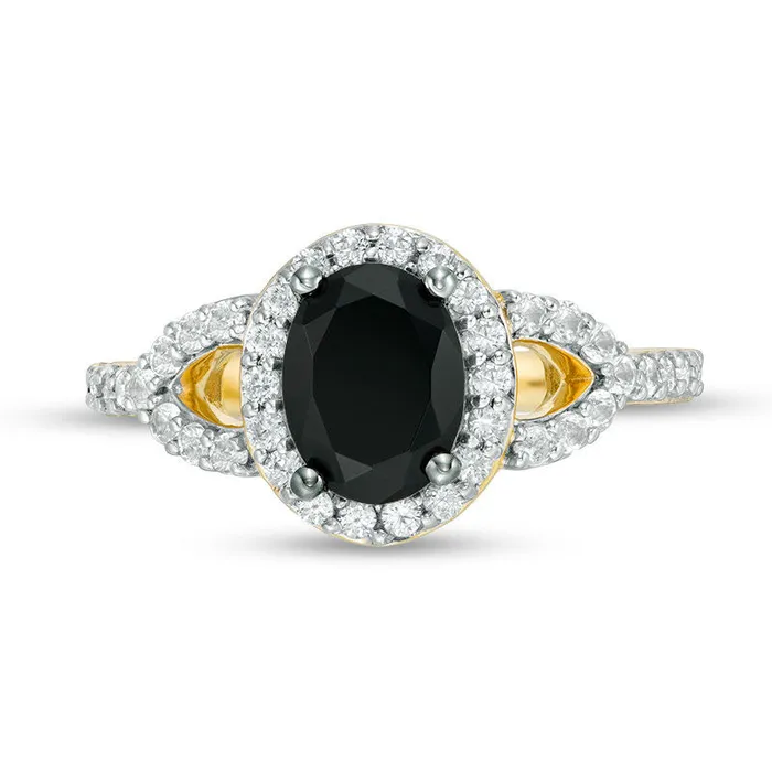 Rings Oval LabCreated Black and White Sapphire Frame Open Leaf Ring in Solid 10K Yellow Gold Goldia Rings Oval LabCreated Black and White Sapphire Frame Open Leaf Ring in Solid 10K Yellow Gold Goldia
