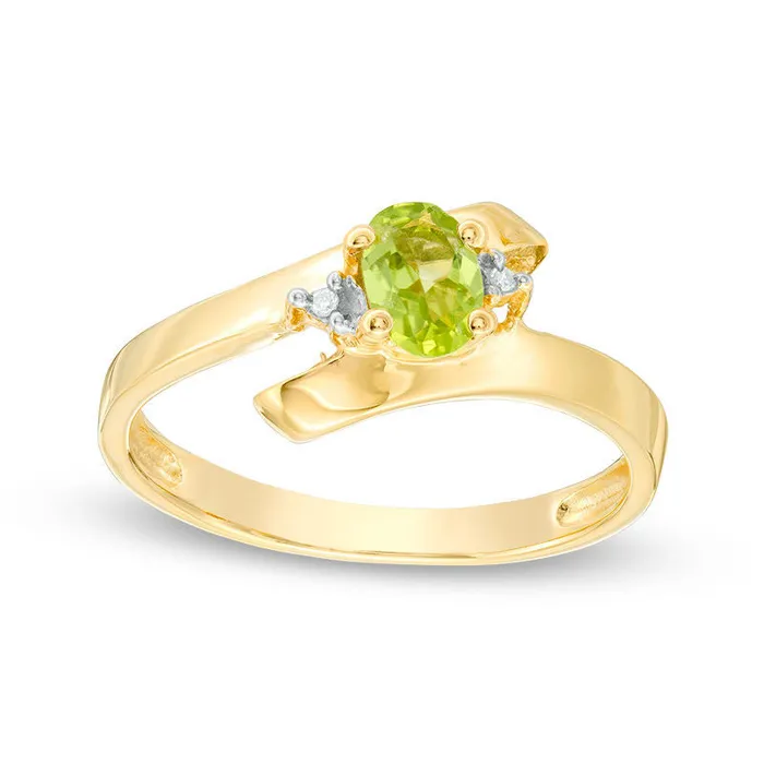 Rings Oval Peridot and Natural Diamond Accent Bypass Ring in Sterling Silver with Solid 14K Gold Plate Goldia Rings Oval Peridot and Natural Diamond Accent Bypass Ring in Sterling Silver with Solid 14K Gold Plate Goldia