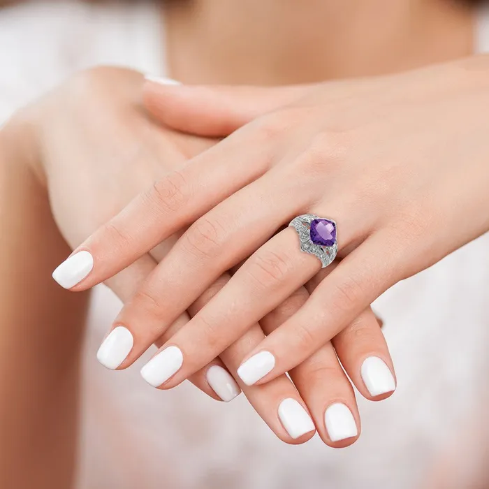 Rings Sterling Silver Rhodiumplated CheckerCut Amethyst u0026 Diamond Ring Goldia