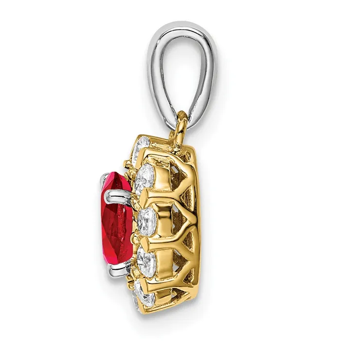 Solid 14k Twotone Oval Simulated Ruby and CZ Halo Pendant Goldia Rings