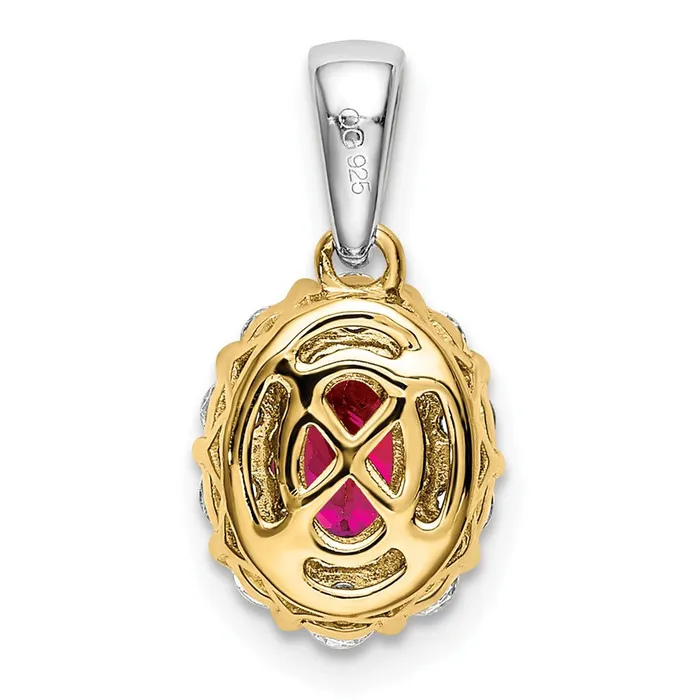 Solid 14k Twotone Oval Simulated Ruby and CZ Halo Pendant Goldia Rings