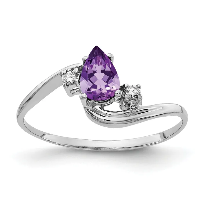 Solid 14k White Gold 6x4mm Pear Simulated Amethyst AA CZ Ring Goldia Rings