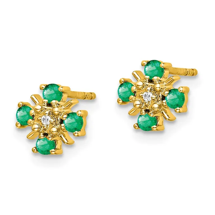 Solid 14k Yellow Gold Simulated Emerald and CZ Post Earrings Goldia Earrings