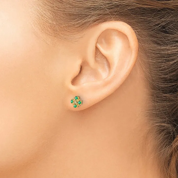 Solid 14k Yellow Gold Simulated Emerald and CZ Post Earrings Goldia Earrings