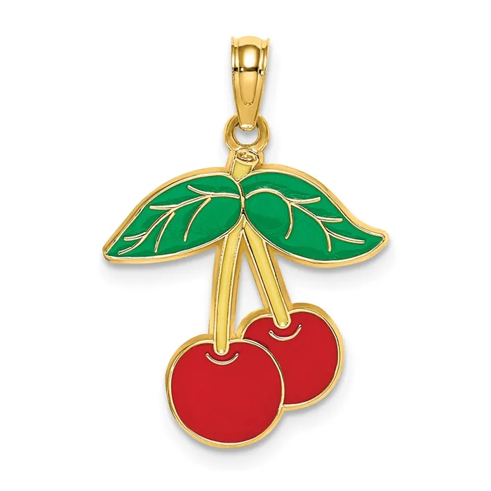 14K Cherries With Enamel Leaf Charm TreasureFineJewelers Charm Necklaces 14K Cherries With Enamel Leaf Charm TreasureFineJewelers Charm Necklaces