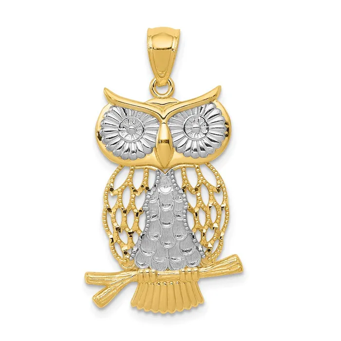 14k w Rhodium Diamondcut Polished Moveable Owl Pendant TreasureFineJewelers Necklaces 14k w Rhodium Diamondcut Polished Moveable Owl Pendant TreasureFineJewelers Necklaces