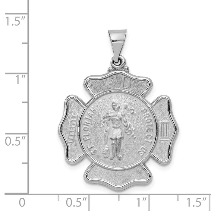 14k White Gold PolishSatin St Florian Badge Medal Hollow Pendant TreasureFineJewelers Necklaces