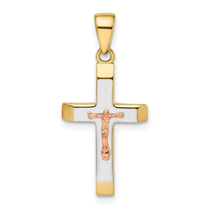14k Yellow and Rose Gold with White Rhodium Beveled Medium Crucifix Pendant TreasureFineJewelers Necklaces 14k Yellow and Rose Gold with White Rhodium Beveled Medium Crucifix Pendant TreasureFineJewelers Necklaces