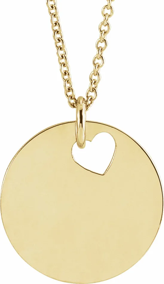 14K Yellow Gold Pierced Heart 15 mm Disc 1618 Necklace TreasureFineJewelers Necklaces 14K Yellow Gold Pierced Heart 15 mm Disc 1618 Necklace TreasureFineJewelers Necklaces