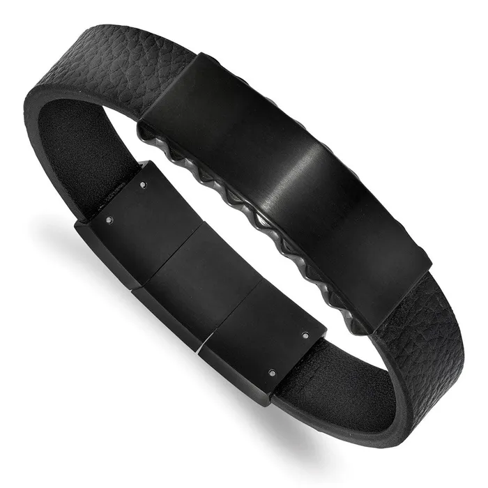 Bracelets Chisel Stainless Steel Brushed and Polished Black IPplated Black Textured Leather 775 inch ID Bracelet with 5 inch Extension TreasureFineJewelers Bracelets Chisel Stainless Steel Brushed and Polished Black IPplated Black Textured Leather 775 inch ID Bracelet with 5 inch Extension TreasureFineJewelers