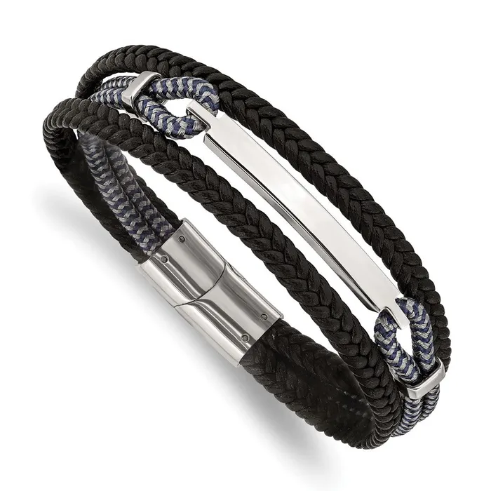 Bracelets TreasureFineJewelers Chisel Stainless Steel Polished Multi Strand Black Leather and Black and Grey Cotton 825 inch ID Bracelet Bracelets TreasureFineJewelers Chisel Stainless Steel Polished Multi Strand Black Leather and Black and Grey Cotton 825 inch ID Bracelet