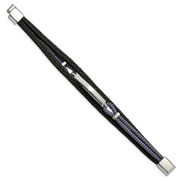 Bracelets TreasureFineJewelers Chisel Stainless Steel Polished Multi Strand Black Leather and Black and Grey Cotton 825 inch ID Bracelet