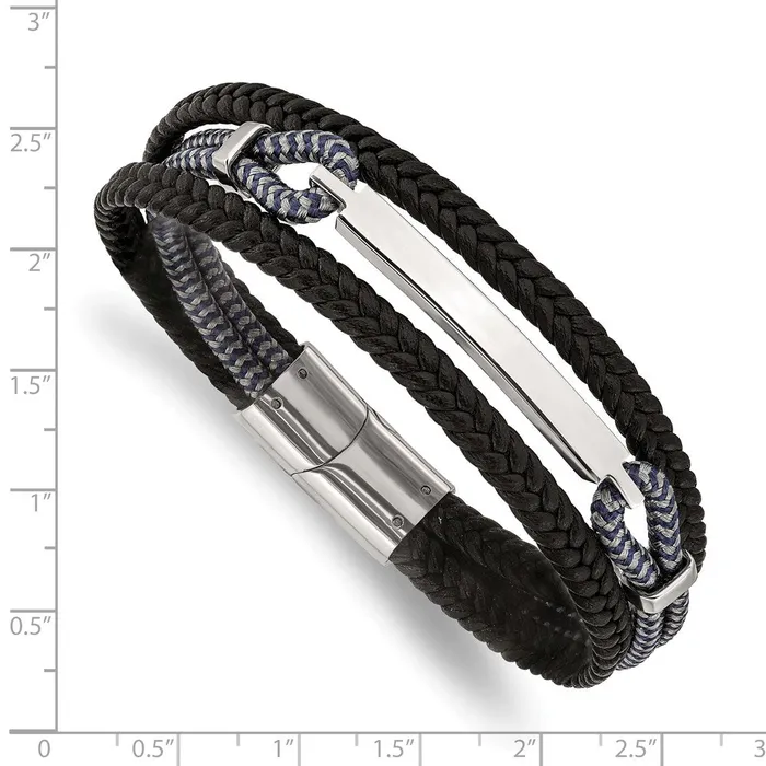 Bracelets TreasureFineJewelers Chisel Stainless Steel Polished Multi Strand Black Leather and Black and Grey Cotton 825 inch ID Bracelet