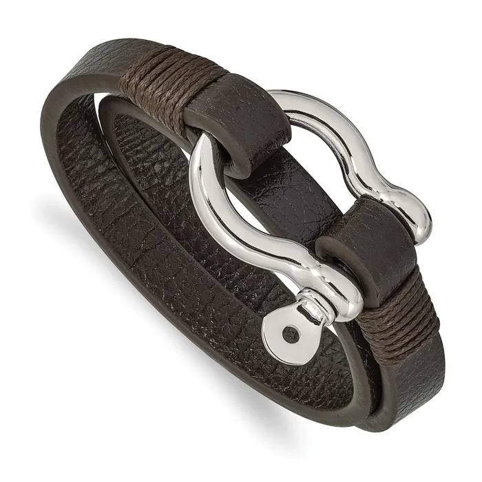 Bracelets TreasureFineJewelers Chisel Stainless Steel Polished Shackle Brown Leather 16 inch Wrap Bracelet Bracelets TreasureFineJewelers Chisel Stainless Steel Polished Shackle Brown Leather 16 inch Wrap Bracelet