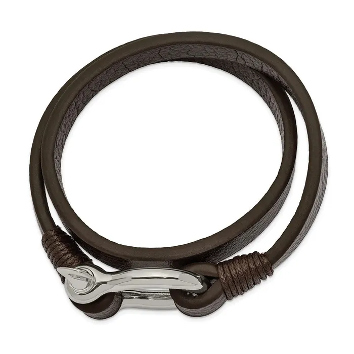 Bracelets TreasureFineJewelers Chisel Stainless Steel Polished Shackle Brown Leather 16 inch Wrap Bracelet