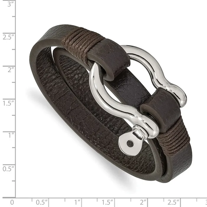 Bracelets TreasureFineJewelers Chisel Stainless Steel Polished Shackle Brown Leather 16 inch Wrap Bracelet