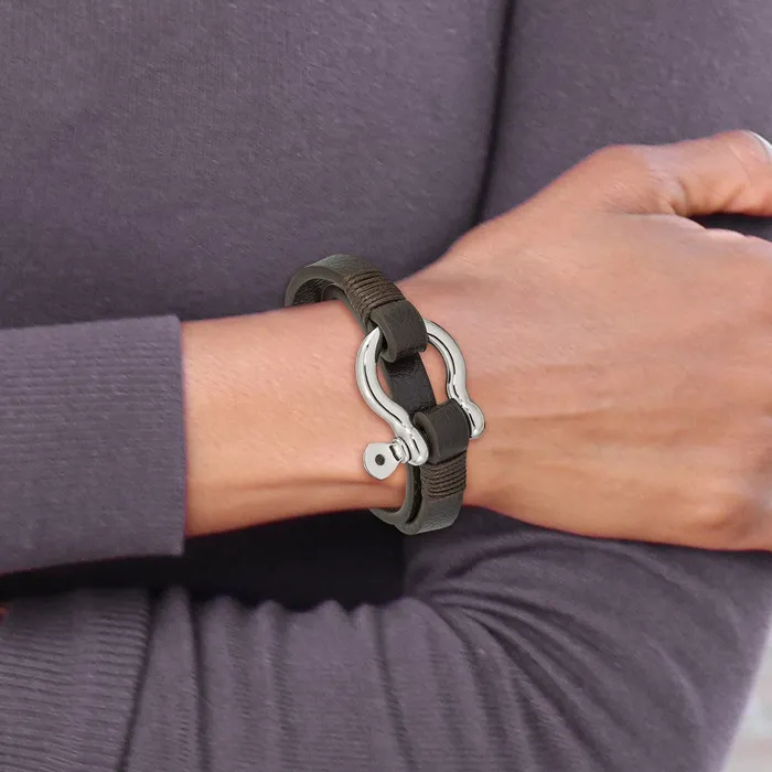 Bracelets TreasureFineJewelers Chisel Stainless Steel Polished Shackle Brown Leather 16 inch Wrap Bracelet
