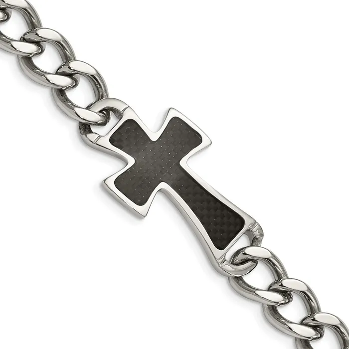 Bracelets TreasureFineJewelers Chisel Stainless Steel Polished with Black Carbon Fiber Inlay Cross 85 inch Bracelet Bracelets TreasureFineJewelers Chisel Stainless Steel Polished with Black Carbon Fiber Inlay Cross 85 inch Bracelet