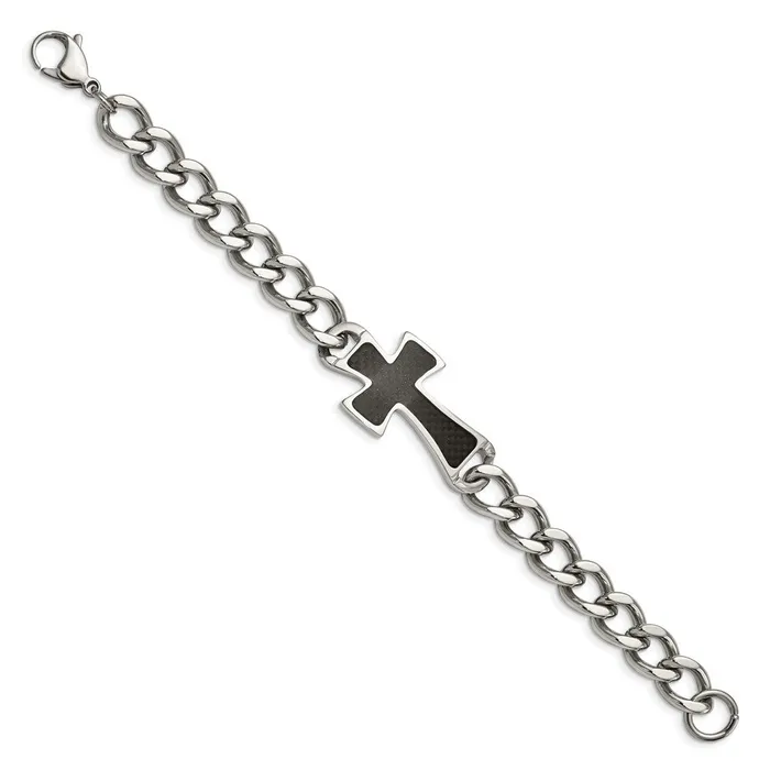 Bracelets TreasureFineJewelers Chisel Stainless Steel Polished with Black Carbon Fiber Inlay Cross 85 inch Bracelet