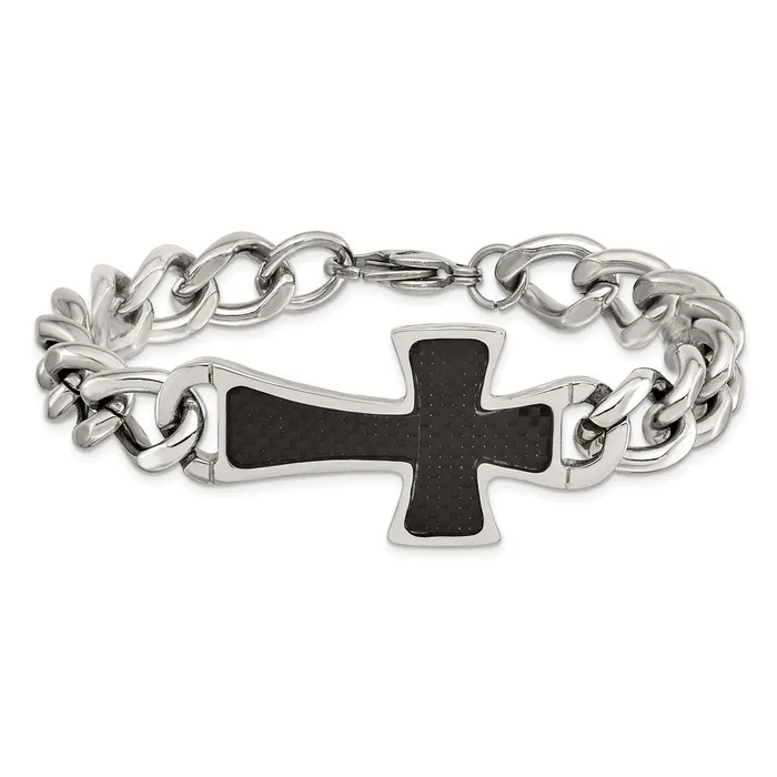 Bracelets TreasureFineJewelers Chisel Stainless Steel Polished with Black Carbon Fiber Inlay Cross 85 inch Bracelet