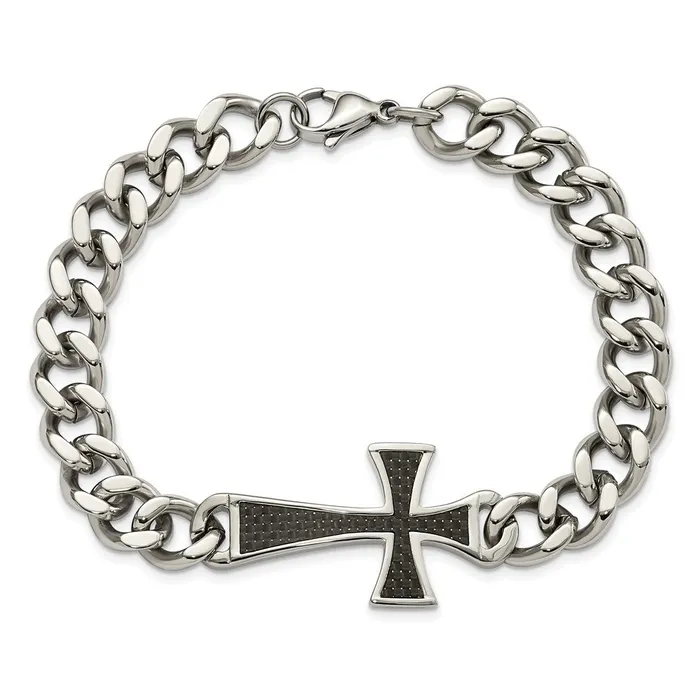 Bracelets TreasureFineJewelers Chisel Stainless Steel Polished with Black Carbon Fiber Inlay Cross 85 inch Bracelet