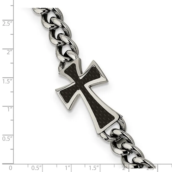 Bracelets TreasureFineJewelers Chisel Stainless Steel Polished with Black Carbon Fiber Inlay Cross 85 inch Bracelet