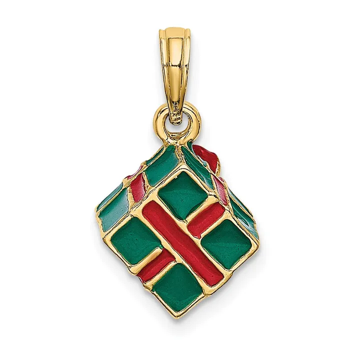 Charm Necklaces TreasureFineJewelers 14K 3D wEnamel Green Gift Box wRed Bow Charm