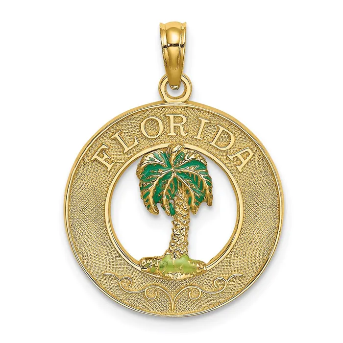 Charm Necklaces TreasureFineJewelers 14K FLORIDA Enamel Palm Tree Circle Charm Charm Necklaces TreasureFineJewelers 14K FLORIDA Enamel Palm Tree Circle Charm