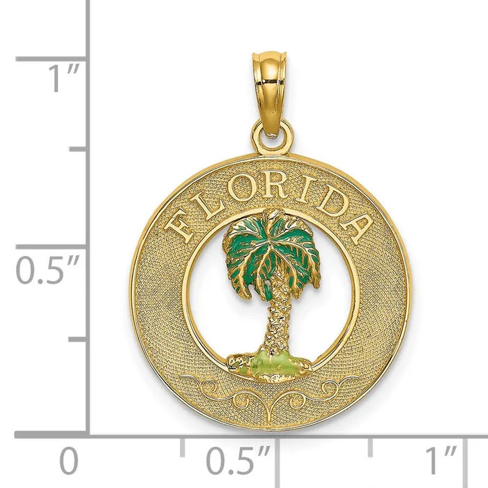 Charm Necklaces TreasureFineJewelers 14K FLORIDA Enamel Palm Tree Circle Charm