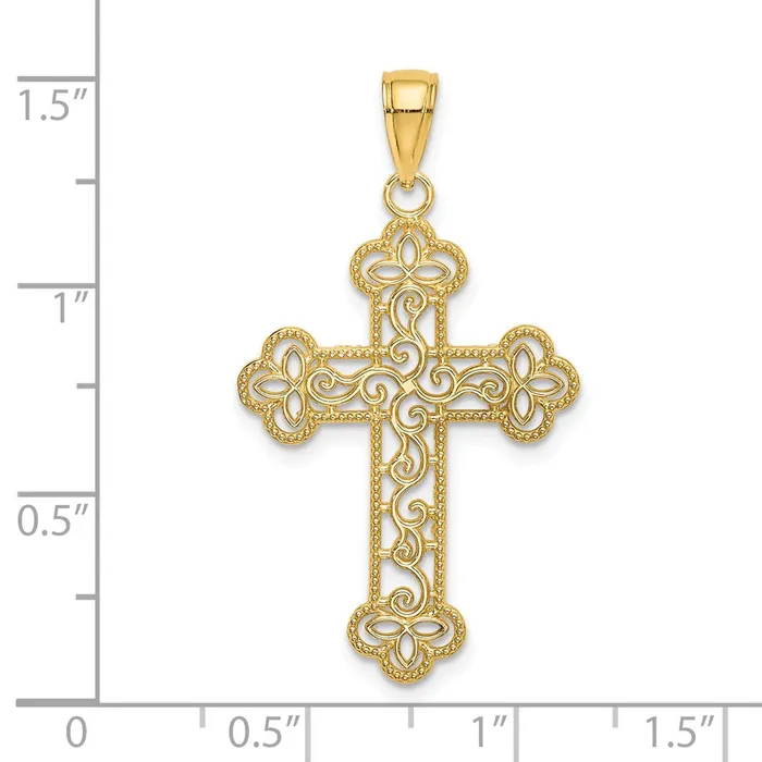 Charm Necklaces TreasureFineJewelers 14K Textured and Beaded Edge Cross Charm