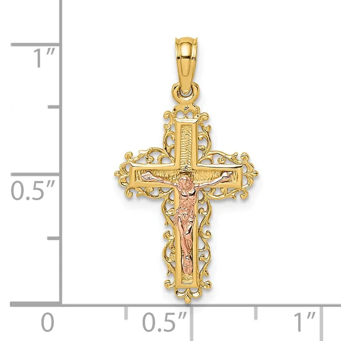 Charm Necklaces TreasureFineJewelers 14K TwoTone Crucifix W Lace Trim Charm