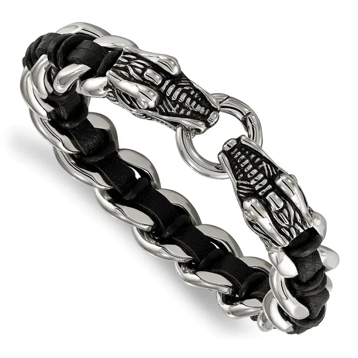 Chisel Stainless Steel Antiqued and Polished Dragon Head Curb Chain with Black Leather 85 inch Bracelet TreasureFineJewelers Bracelets Chisel Stainless Steel Antiqued and Polished Dragon Head Curb Chain with Black Leather 85 inch Bracelet TreasureFineJewelers Bracelets