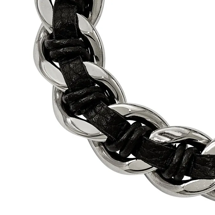 Chisel Stainless Steel Antiqued and Polished Dragon Head Curb Chain with Black Leather 85 inch Bracelet TreasureFineJewelers Bracelets
