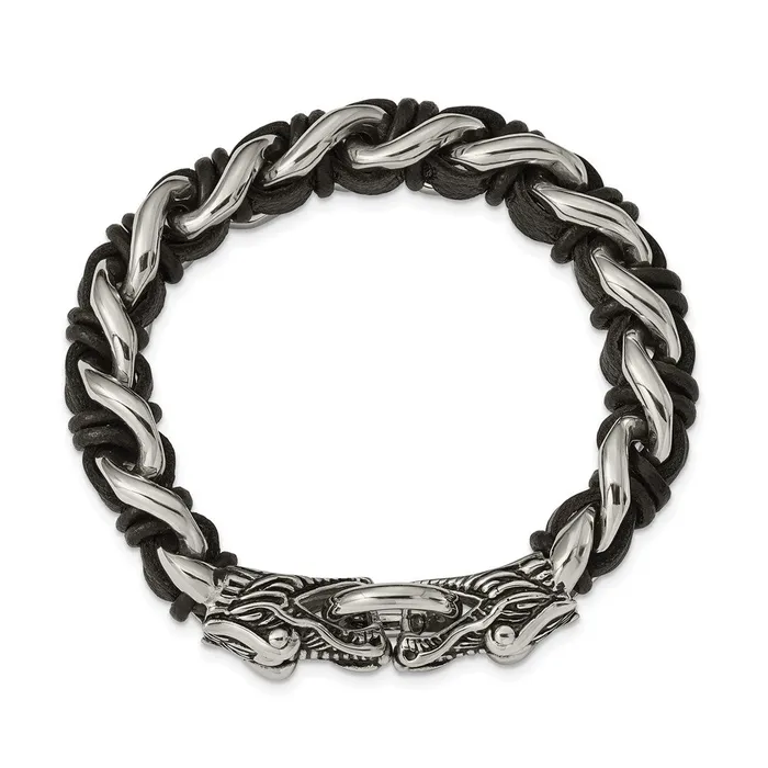 Chisel Stainless Steel Antiqued and Polished Dragon Head Curb Chain with Black Leather 85 inch Bracelet TreasureFineJewelers Bracelets