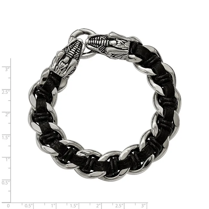 Chisel Stainless Steel Antiqued and Polished Dragon Head Curb Chain with Black Leather 85 inch Bracelet TreasureFineJewelers Bracelets