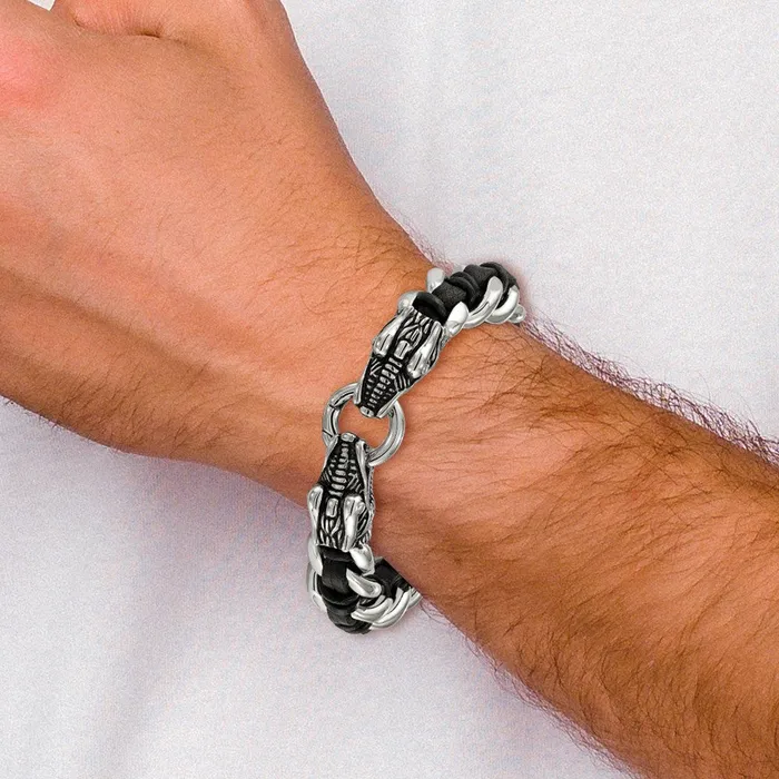 Chisel Stainless Steel Antiqued and Polished Dragon Head Curb Chain with Black Leather 85 inch Bracelet TreasureFineJewelers Bracelets