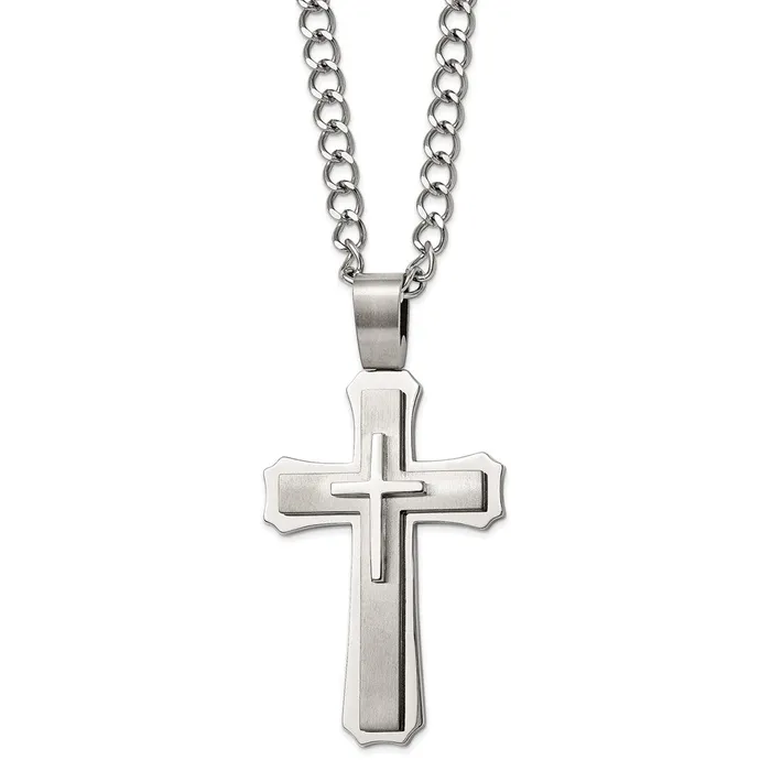 Chisel Stainless Steel Brushed and Polished Large Cross Pendant on a 24 inch Curb Chain Necklace TreasureFineJewelers Necklaces Chisel Stainless Steel Brushed and Polished Large Cross Pendant on a 24 inch Curb Chain Necklace TreasureFineJewelers Necklaces
