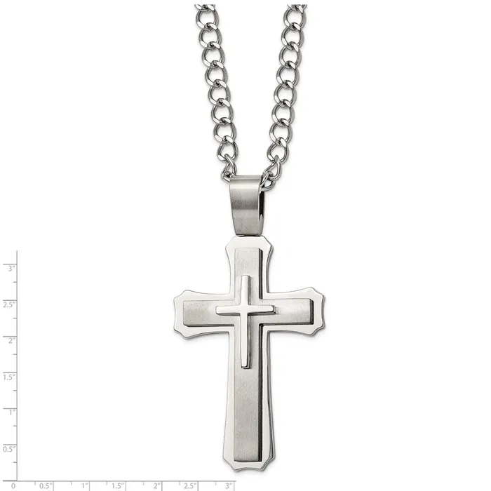 Chisel Stainless Steel Brushed and Polished Large Cross Pendant on a 24 inch Curb Chain Necklace TreasureFineJewelers Necklaces