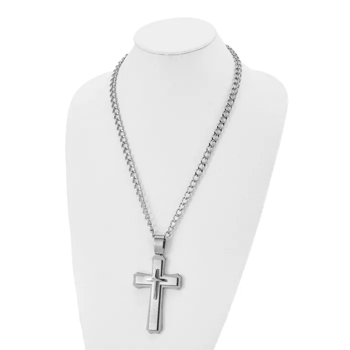 Chisel Stainless Steel Brushed and Polished Large Cross Pendant on a 24 inch Curb Chain Necklace TreasureFineJewelers Necklaces