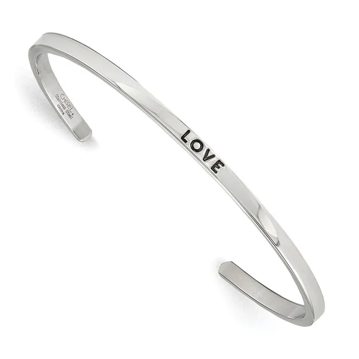 Chisel Stainless Steel Polished and Enameled with Crystal LOVE 3mm Cuff Bangle TreasureFineJewelers Bracelets Chisel Stainless Steel Polished and Enameled with Crystal LOVE 3mm Cuff Bangle TreasureFineJewelers Bracelets