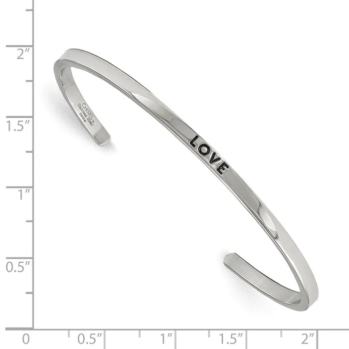 Chisel Stainless Steel Polished and Enameled with Crystal LOVE 3mm Cuff Bangle TreasureFineJewelers Bracelets