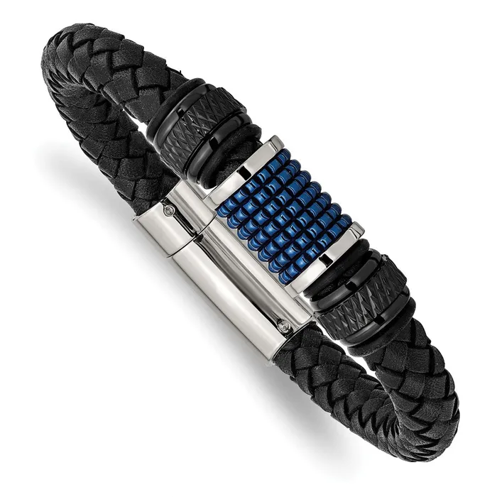 Chisel Stainless Steel Polished Black and Blue IPplated Black Leather and Rubber 85 inch Bracelet TreasureFineJewelers Bracelets Chisel Stainless Steel Polished Black and Blue IPplated Black Leather and Rubber 85 inch Bracelet TreasureFineJewelers Bracelets
