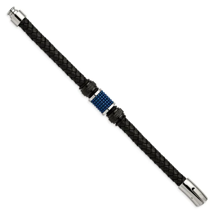 Chisel Stainless Steel Polished Black and Blue IPplated Black Leather and Rubber 85 inch Bracelet TreasureFineJewelers Bracelets